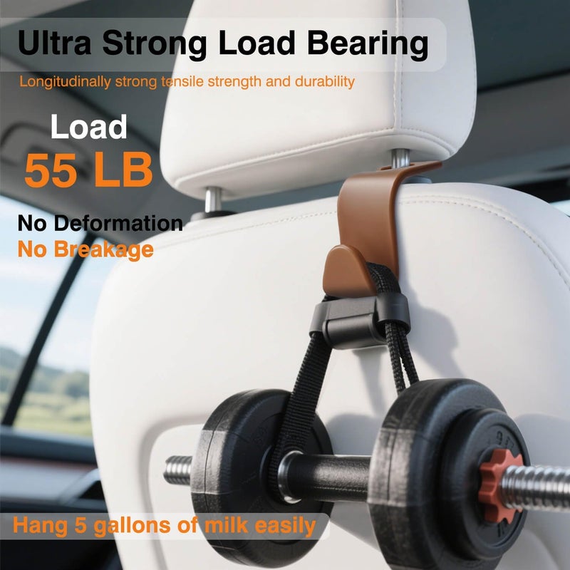 KULOLO Car Seat Hooks & Purse Holder - 4 Pack Boxed,55 lb Heavy Duty,Eco PP Car Hooks for Purse/Bag/Baby Gear/Gym Bag/Groceries/Cup/,Fits 0.32-0.55”Car Headrest Rods (Brown) - Image 5